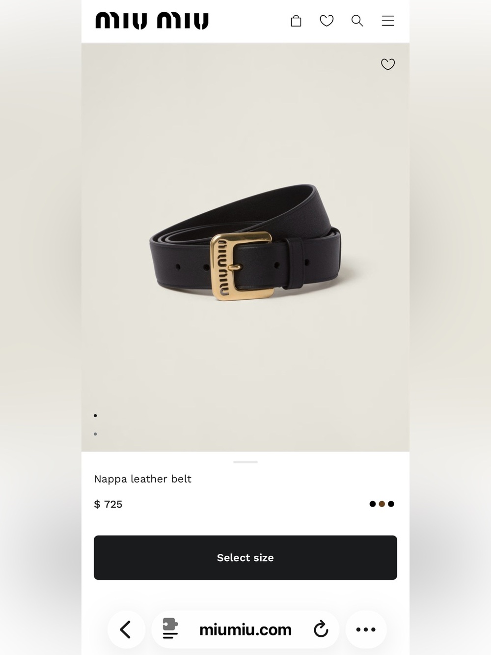Miu Miu Black Nappa Leather Belt with Gold-Tone Buckle